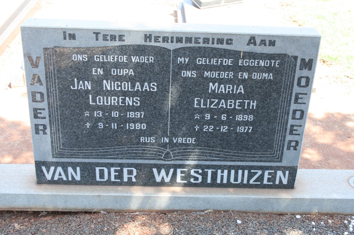 WESTHUIZEN Jan Nicolaas Lourens, van der 1897-1980 &amp; Maria Elizabeth 1898-1977
