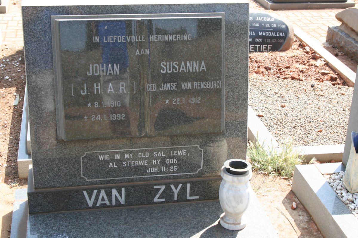 ZYL J.H.A.R., van 1910-1992 &amp; Susanna JANSE VAN RENSBURG 1912-