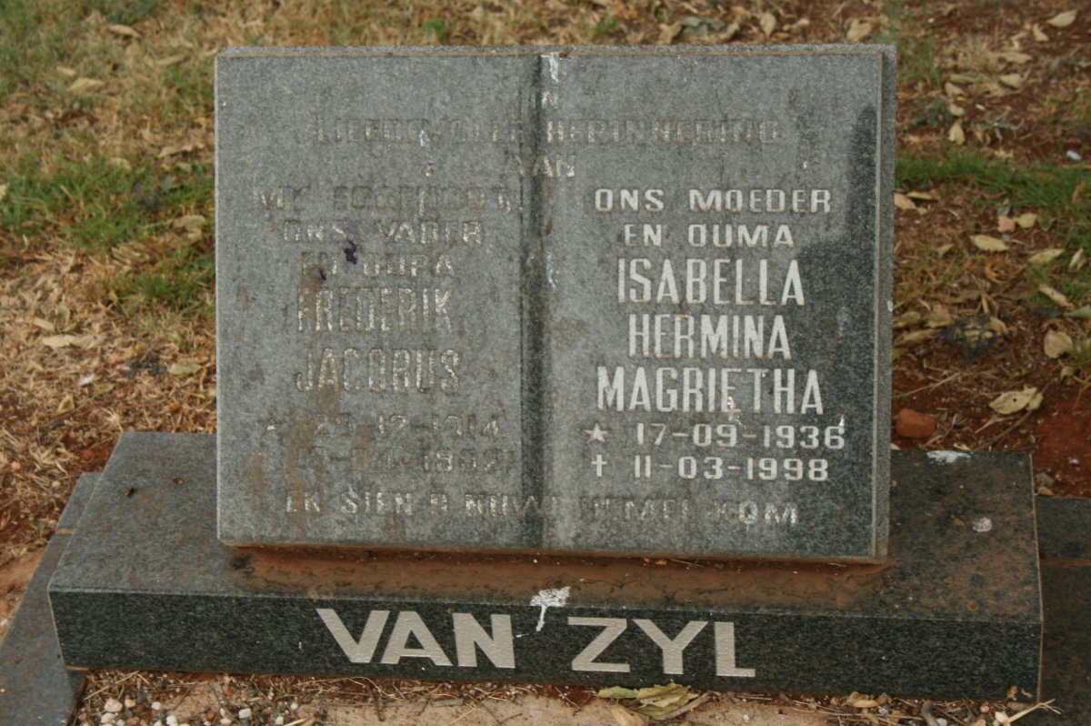 ZYL Frederik Jacobus, van 1914-1982 &amp; Isabella Hermina Magrietha 1936-1998