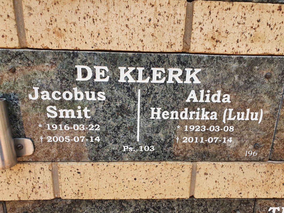 KLERK Jacobus Smit, de 1916-2005 &amp; Alida Hendrika 1923-2011