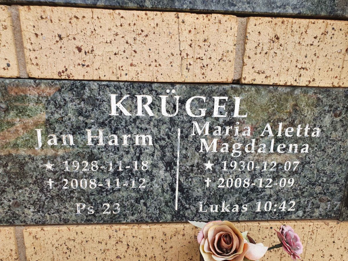 KRUGEL Jan Harm 1928-2008 &amp; Maria Aletta Magdalena 1930-2008