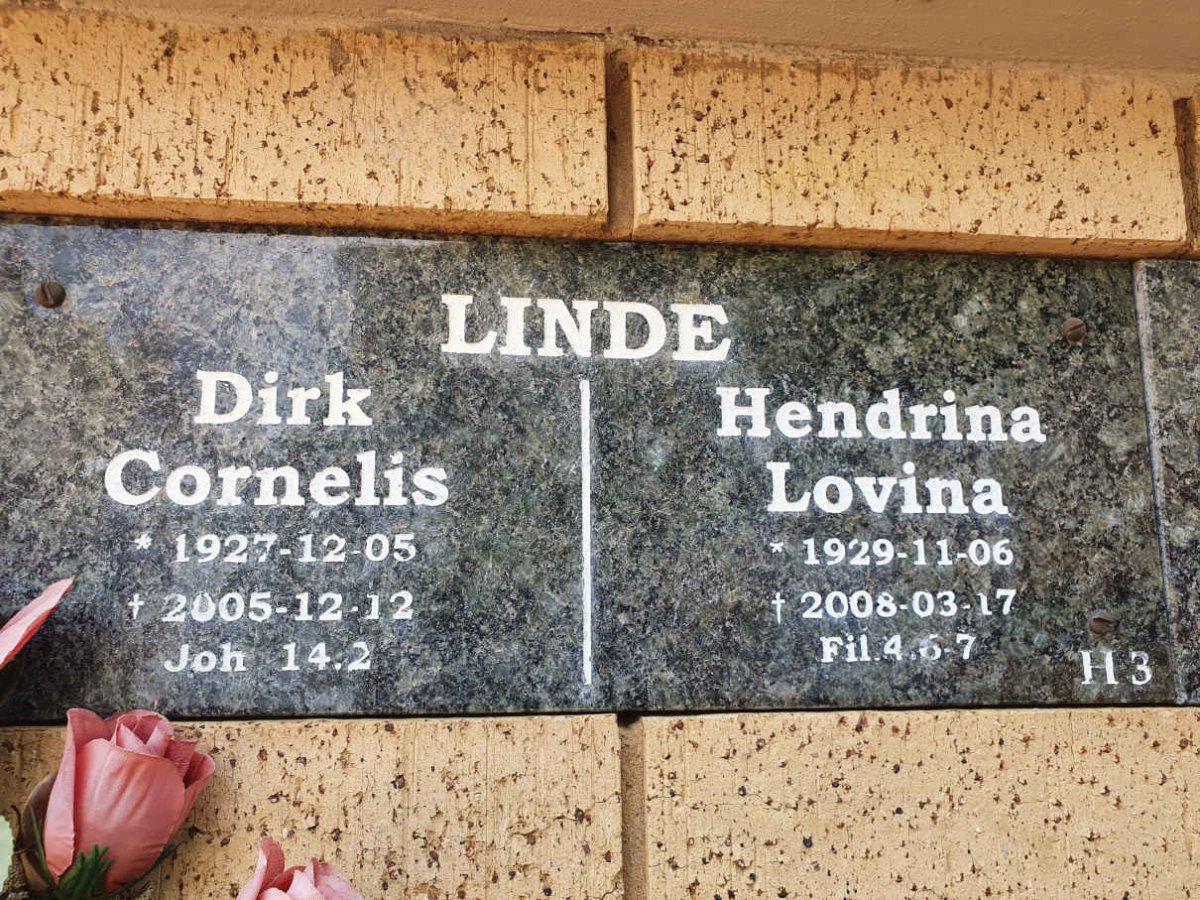 LINDE Dirk Cornelis 1927-2005 &amp; Hendrina Lovina 1929-2008