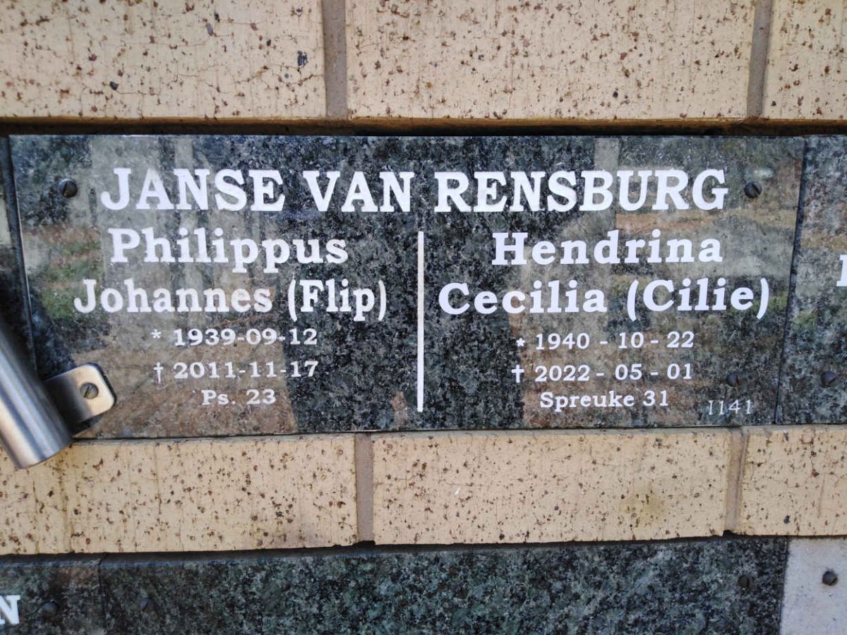 RENSBURG Philippus Johannes, Janse van 1939-2011 &amp; Hendrina Cecilia 1940-2022