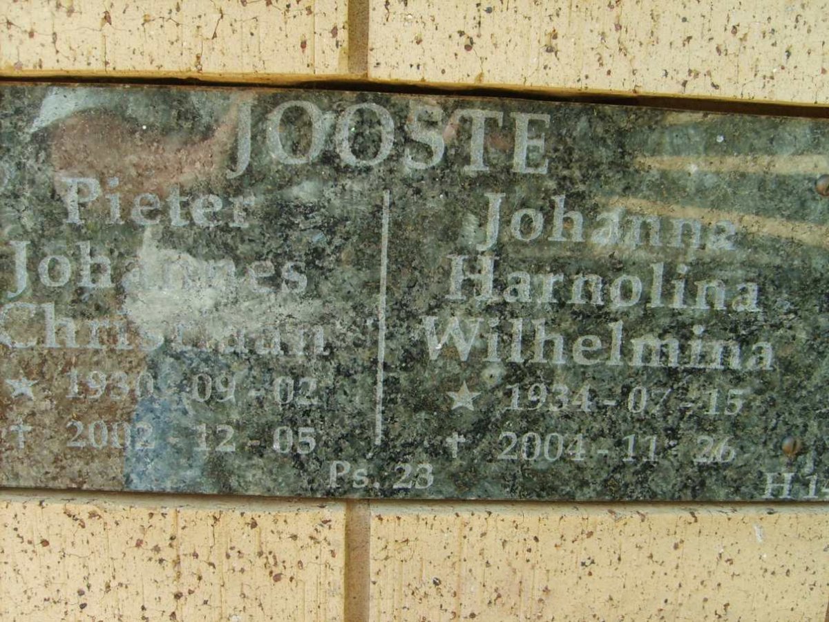 JOOSTE Pieter Johannes Christiaan 1930-2002 &amp; Johanna Harnolina Wilhelmina 1934-2004