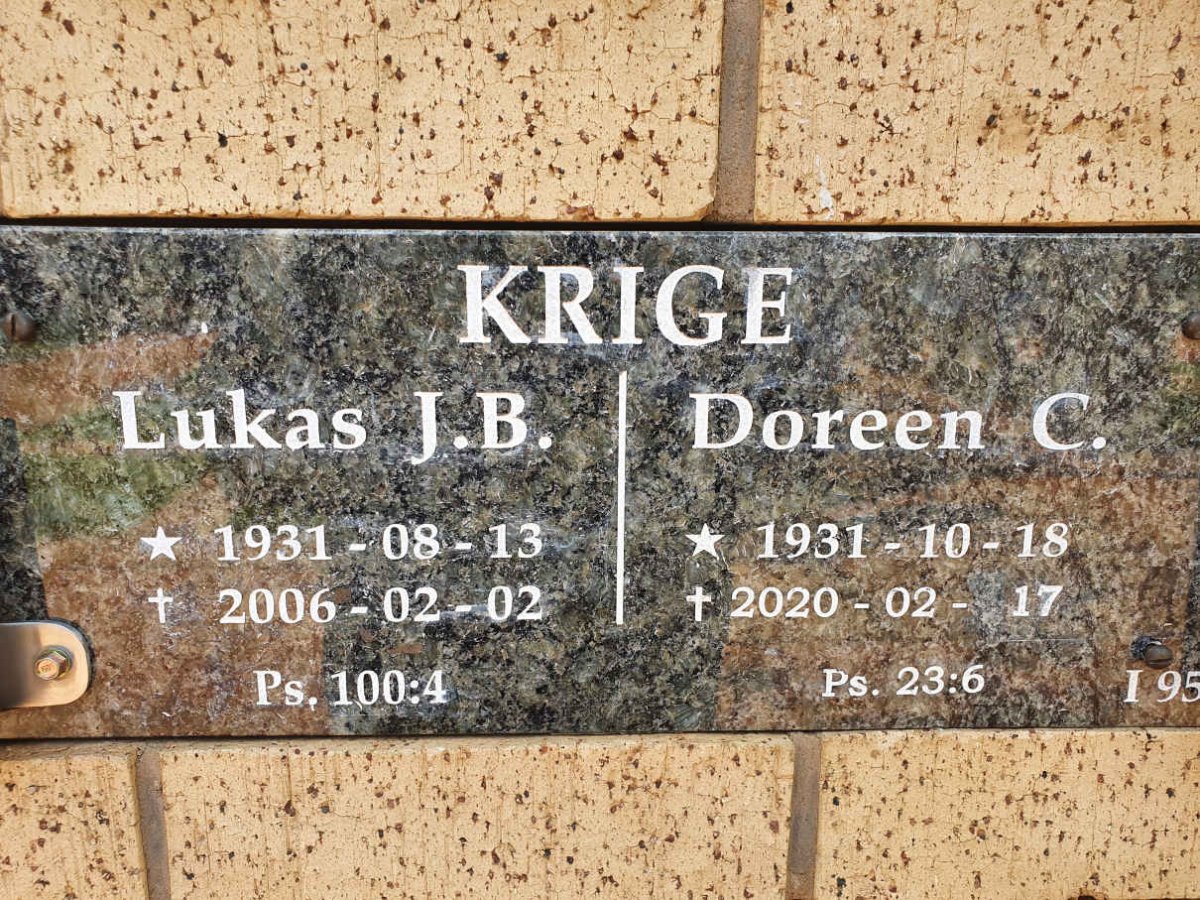 KRIGE Lukas J.B. 1931-2006 &amp; Doreen C. 1931-2020