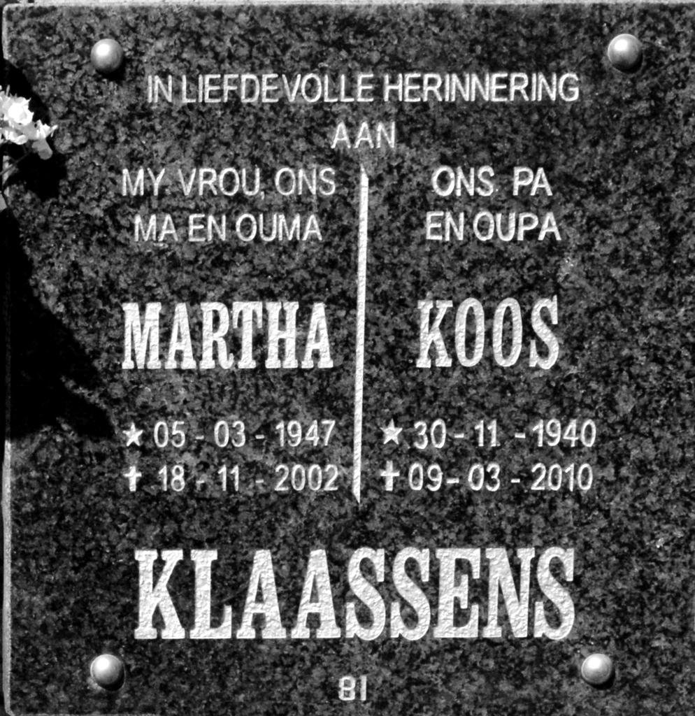KLAASSENS Koos 1940-2010 &amp; Martha 1947-2002