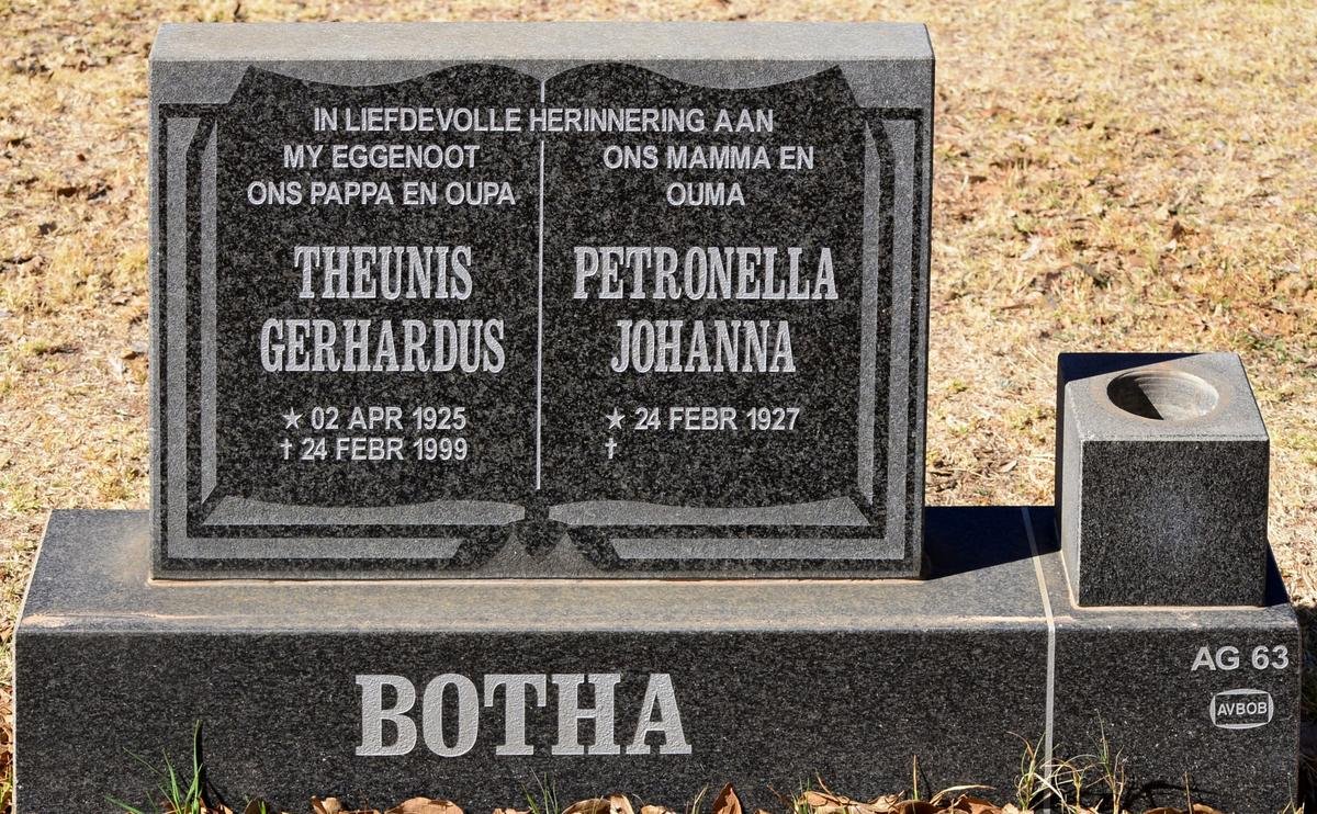 BOTHA Theunis Gerhardus 1925-1999 &amp; Petronella Johanna 1927-