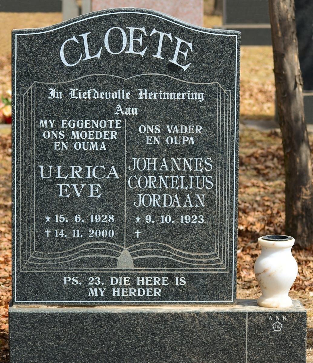 CLOETE Johannes Cornelius Jordaan 1923- &amp; Ulrica Eve 1928-2000
