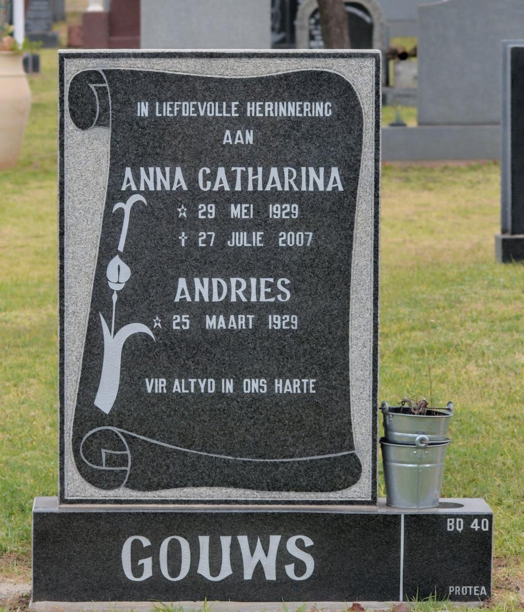 GOUWS Andries 1929- &amp; Anna Catharina 1929-2007