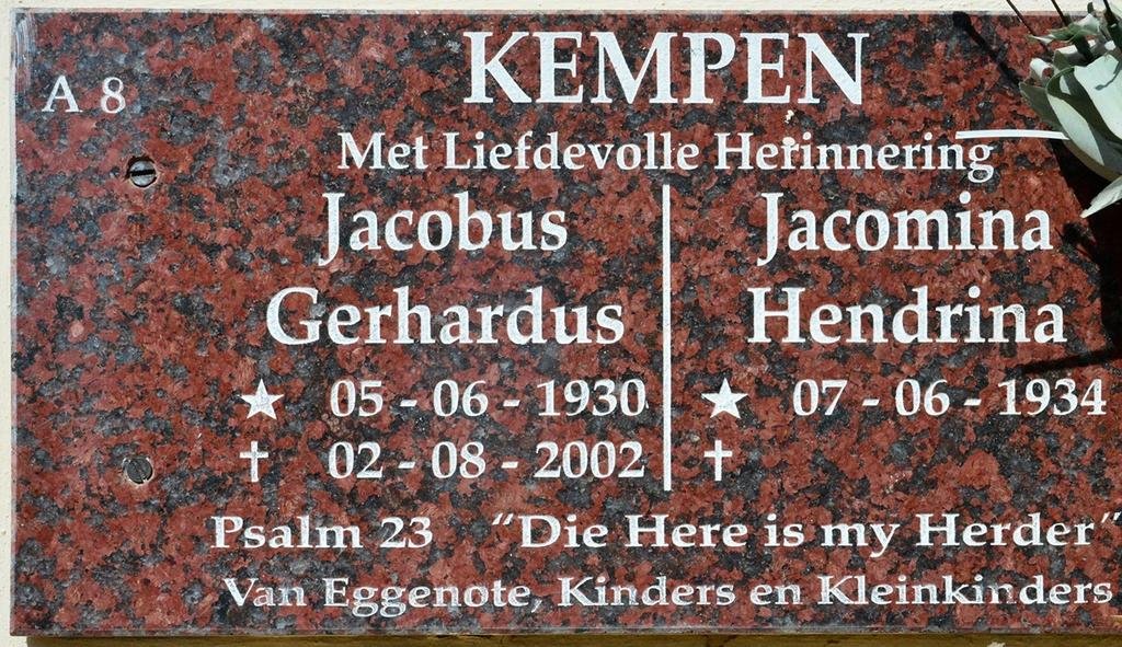 KEMPEN Jacobus Gerhardus 1930-2002 &amp; Jacomina Hendrina 1934-