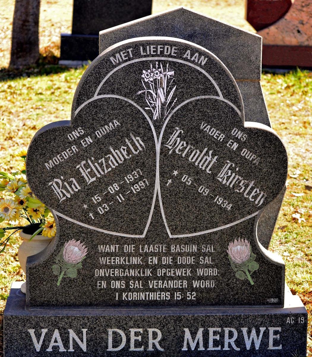 MERWE Heroldt Kirsten, van der 1934- &amp; Ria Elizabeth 1937-1997