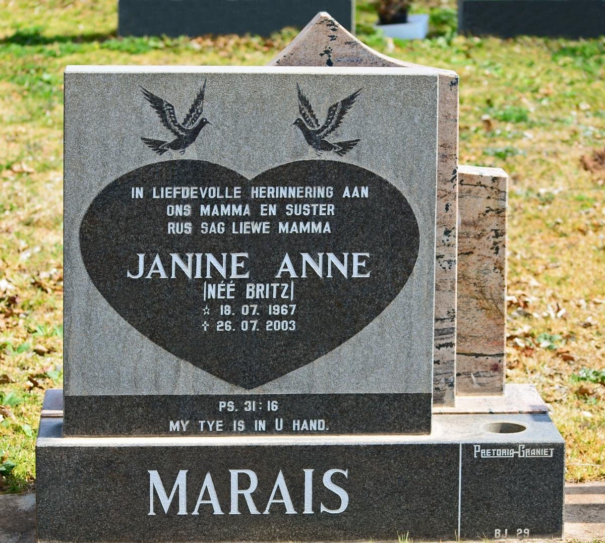 MARAIS Janine Anne nee BRITZ 1967-2003