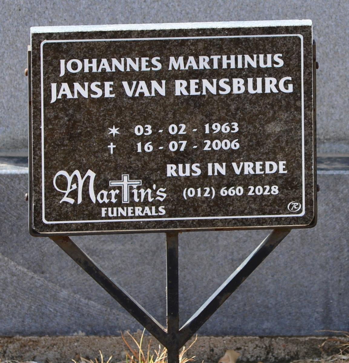 RENSBURG Johannes Marthinus, Janse van 1963-2006