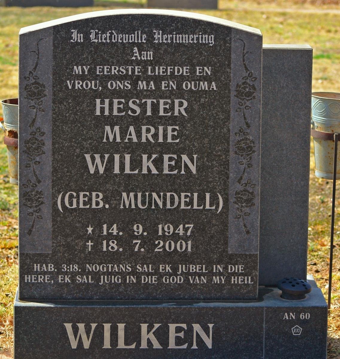 WILKEN Hester Marie nee MUNDELL 1947-2001