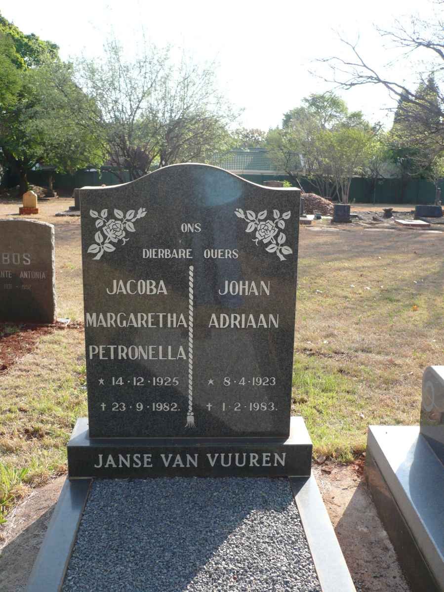 VUUREN Johan Adriaan, Janse van 1923-1983 &amp; Jacoba Margaretha Petronella 1925-1982