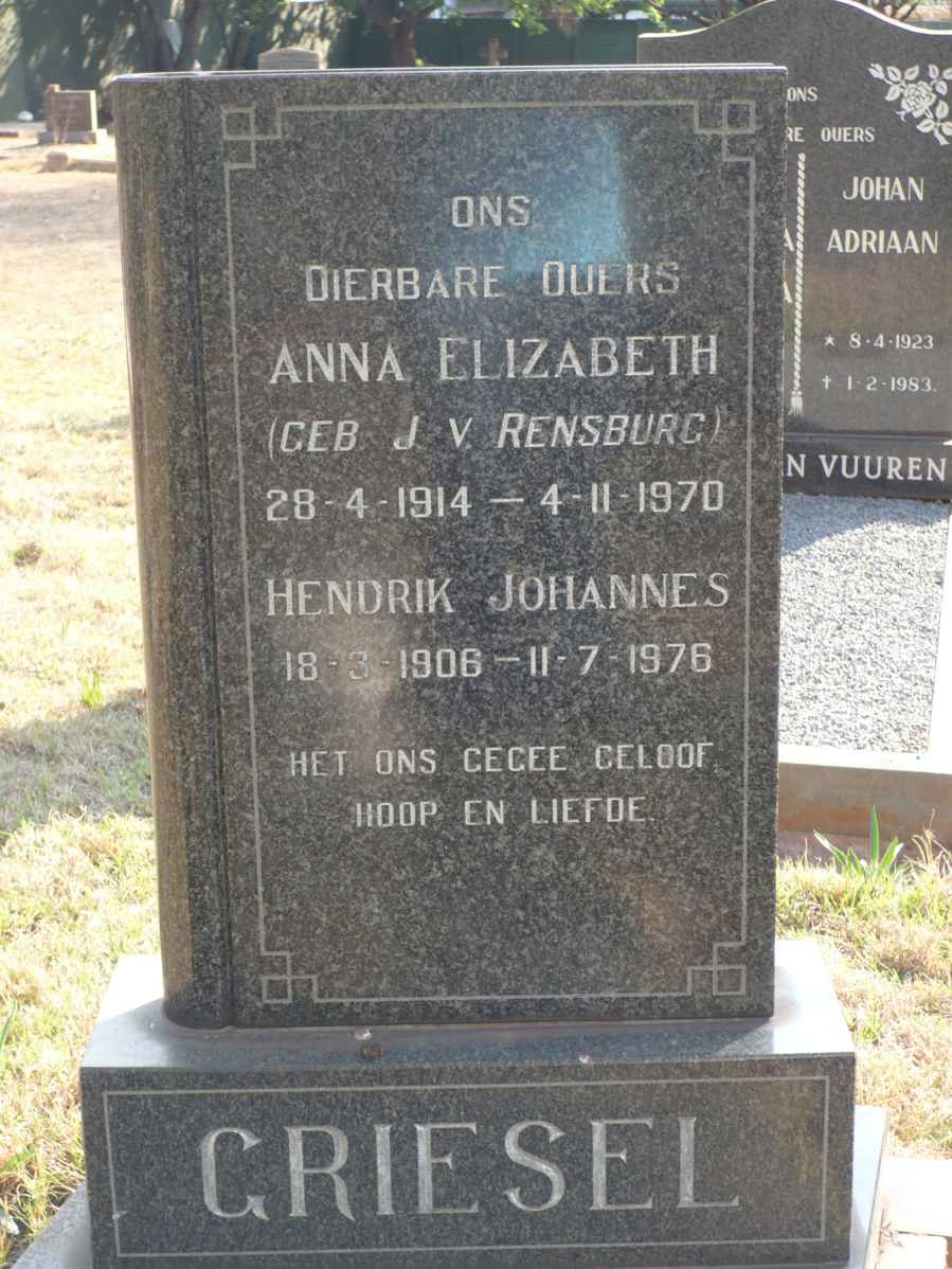 GRIESEL Hendrik Johannes 1906-1976 &amp; Anna Elizabeth J.V. RENSBURG 1914-1970 