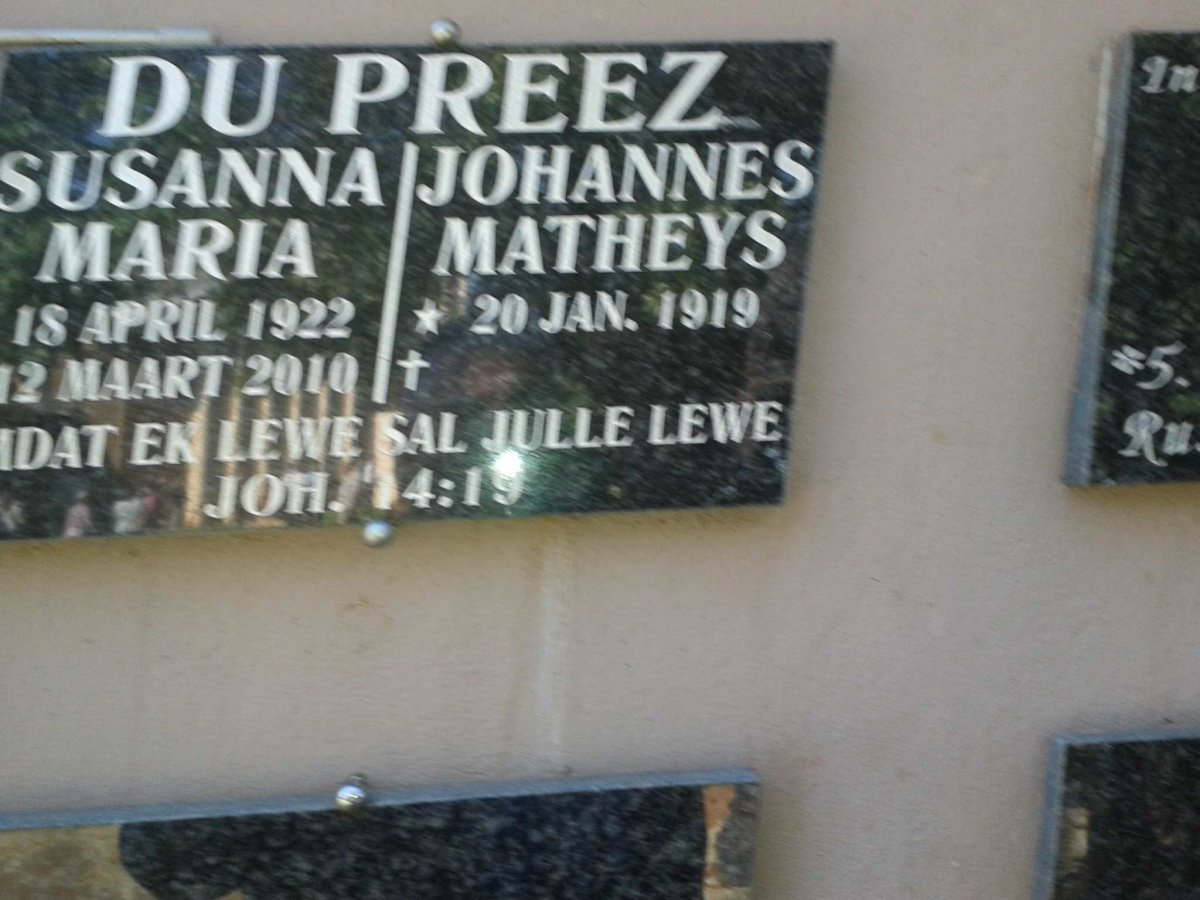PREEZ Johannes Matheys, du 1919- &amp; Susanna Maria 1922-2010