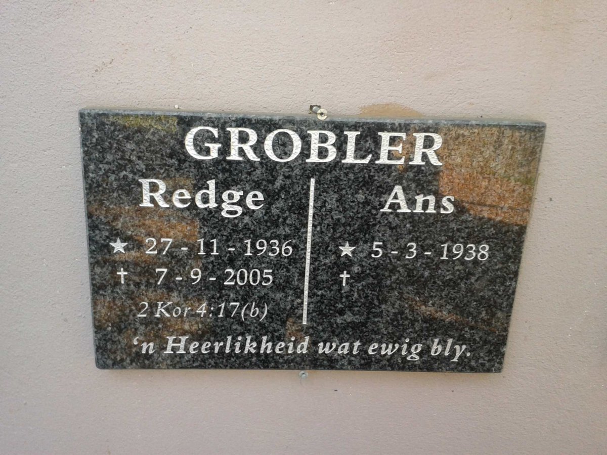 GROBLER Redge 1936-2005 &amp; Ans 1938-