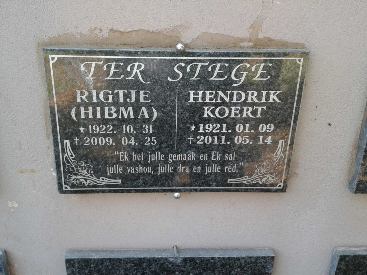 STEGE Hendrik Koert, Ter 1921-2011 &amp; Rigtje HIBMA 1922-2009