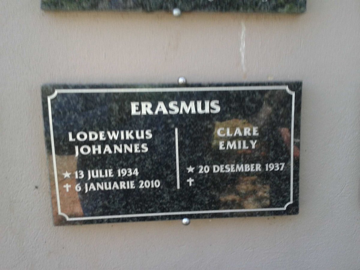ERASMUS Lodewikus Johannes 1934-2010 &amp; Clare Emily 1937-