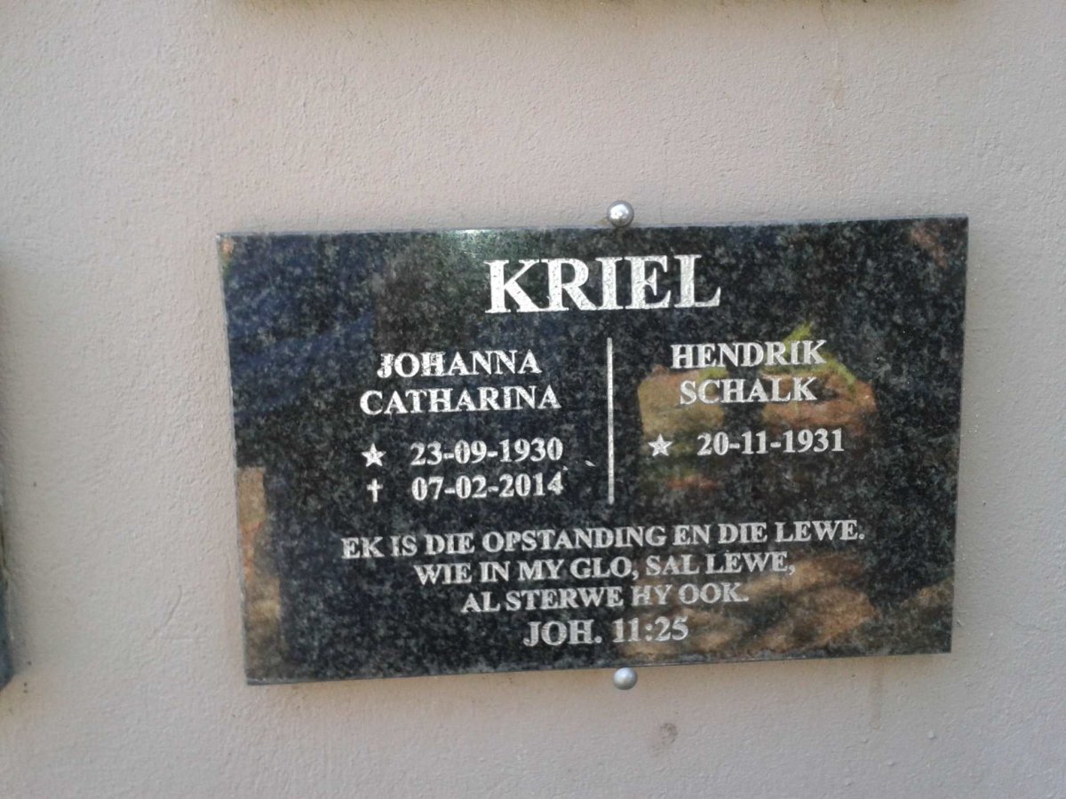 KRIEL Hendrik Schalk 1931- &amp; Johanna Catharina 1930-2014