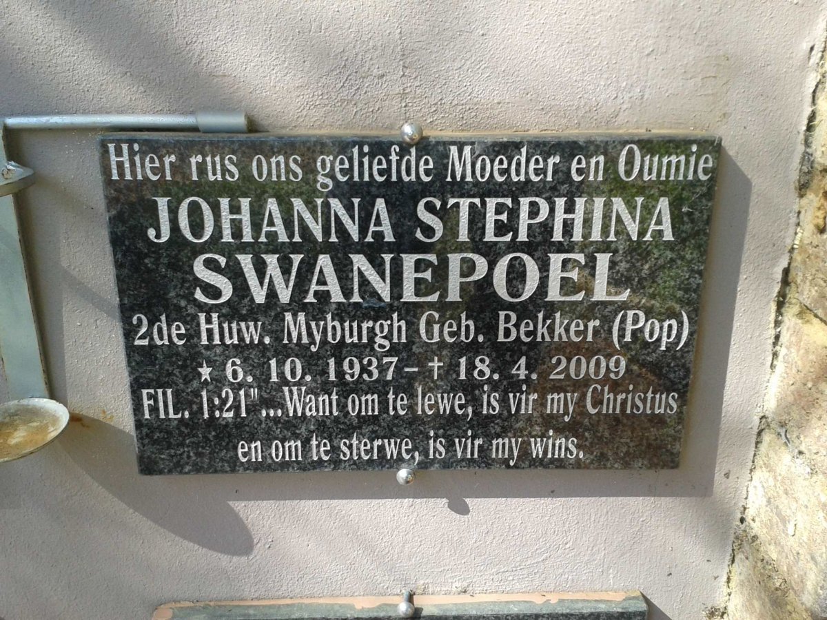 MYBURGH Johanna Stephina voorheen SWANEPOEL nee BEKKER 1937-2009