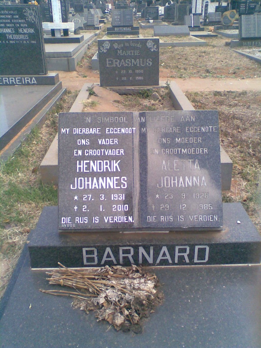 BARNARD  Hendrik Johannes 1931-2010 &amp; Aletta Johanna 1928-1985