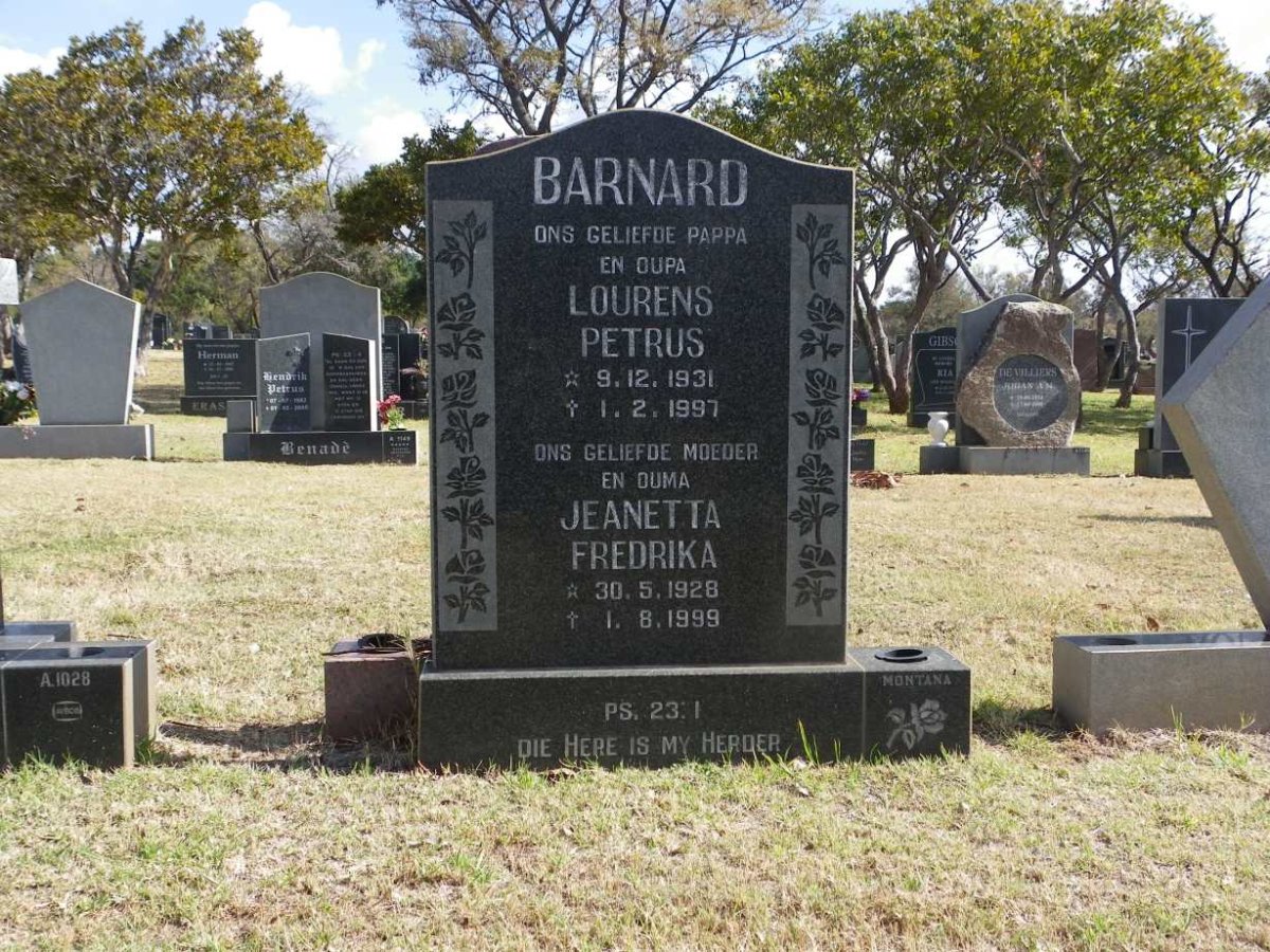 BARNARD Lourens Petrus 1931-1997 &amp; Jeanetta Frederika 1928-1999