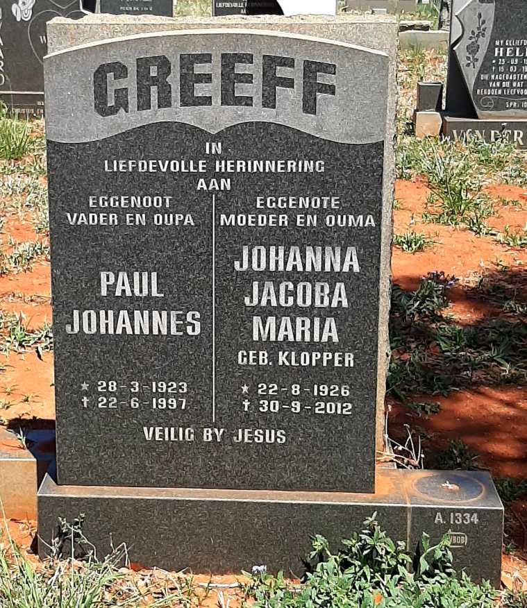 GREEFF Paul Johannes 1923-1997 &amp; Johanna Jacoba Maria KLOPPER 1926-2012