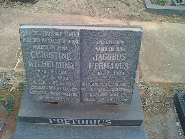 PRETORIUS Jacobus Hermanus 1924- &amp; Christine Wilhelmina 1918-1983
