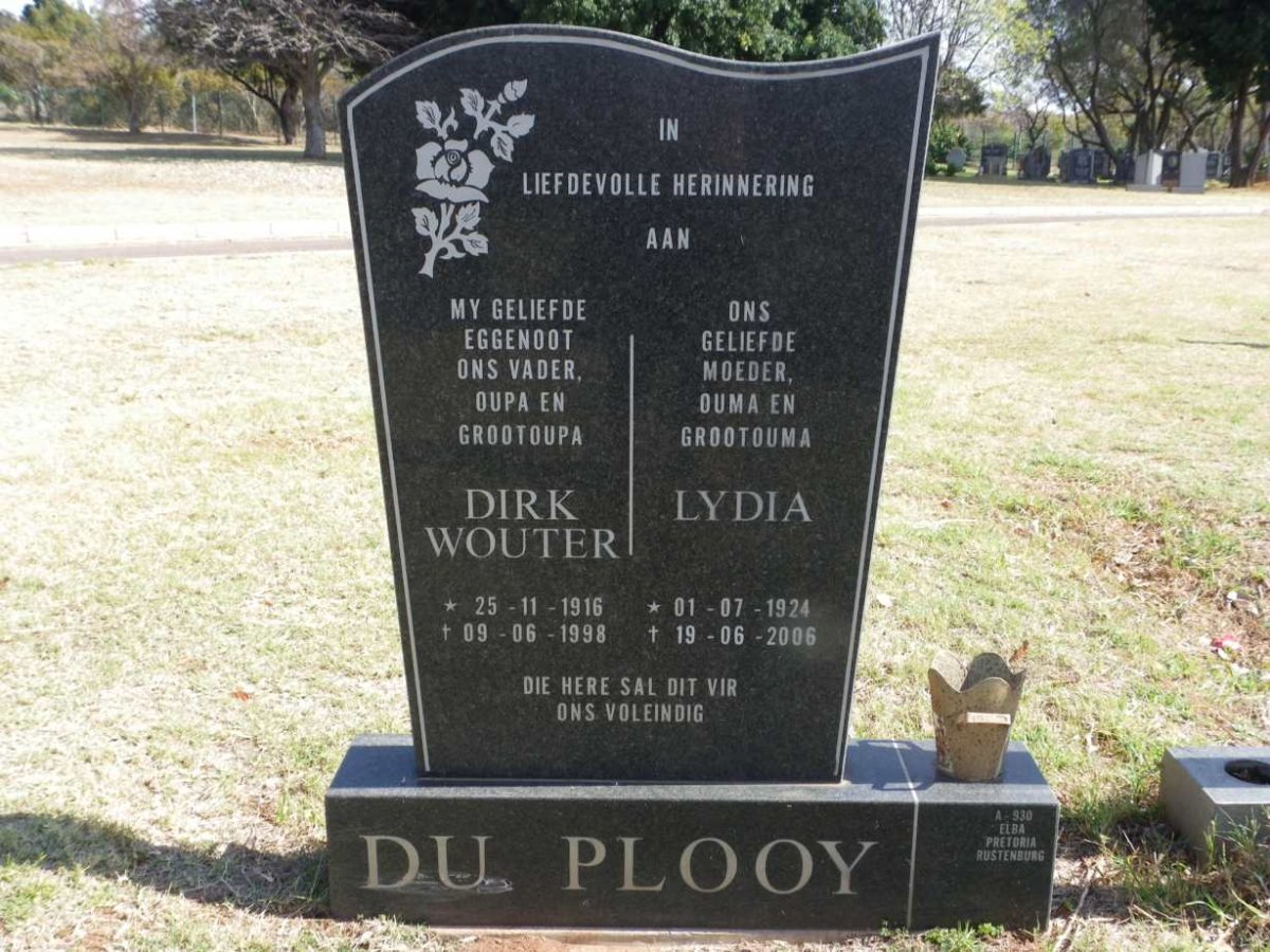 PLOOY Dirk Wouter, du 1916-1998 &amp; Lydia 1924-2006