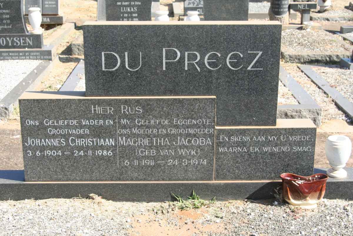 PREEZ Johannes Christiaan, du 1904-1986 &amp; Magrietha Jacoba VAN WYK 1911-1974