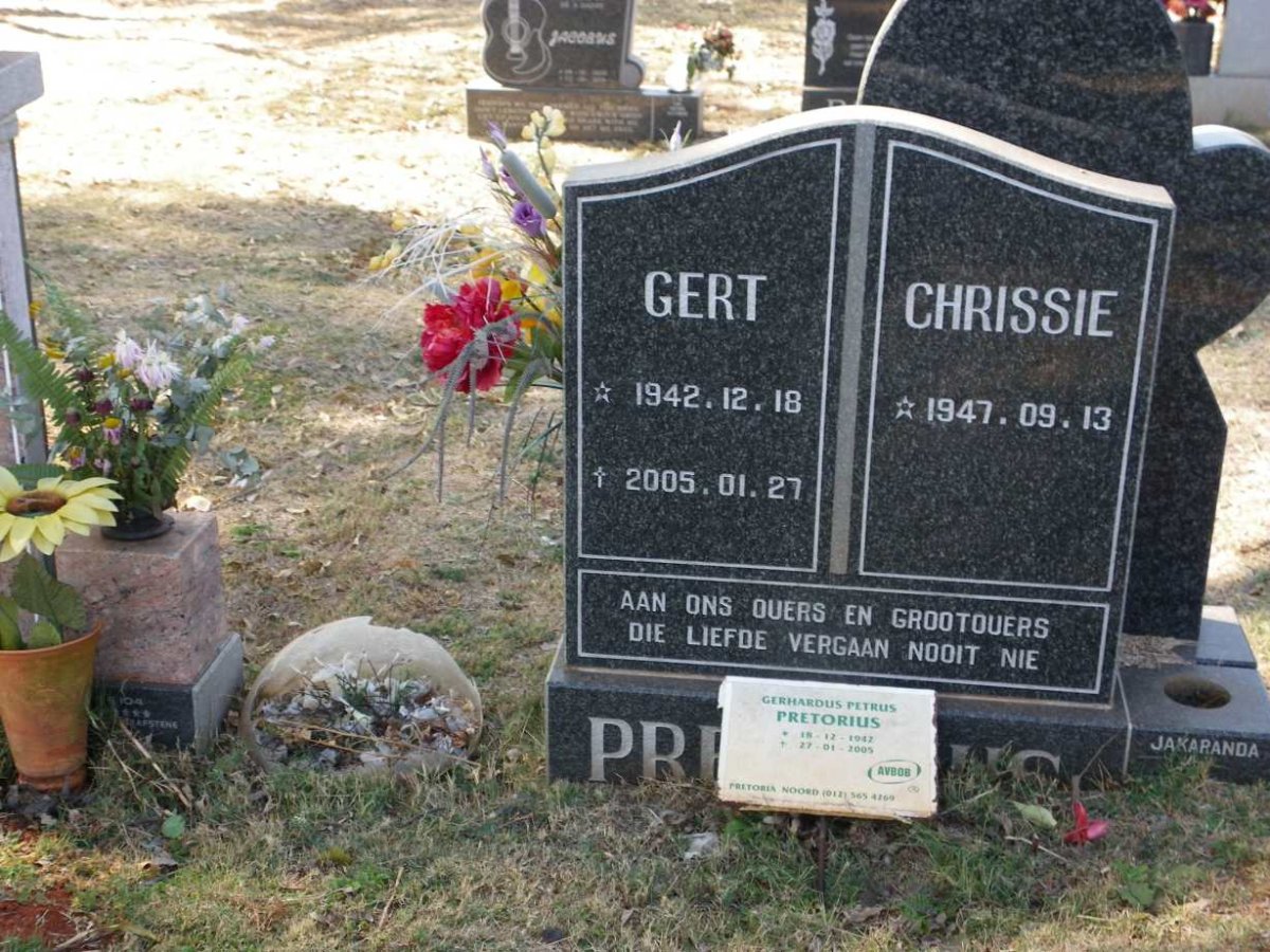 PRETORIUS Gerhardus Petrus 1942-2005 &amp; Chrissie 1947-