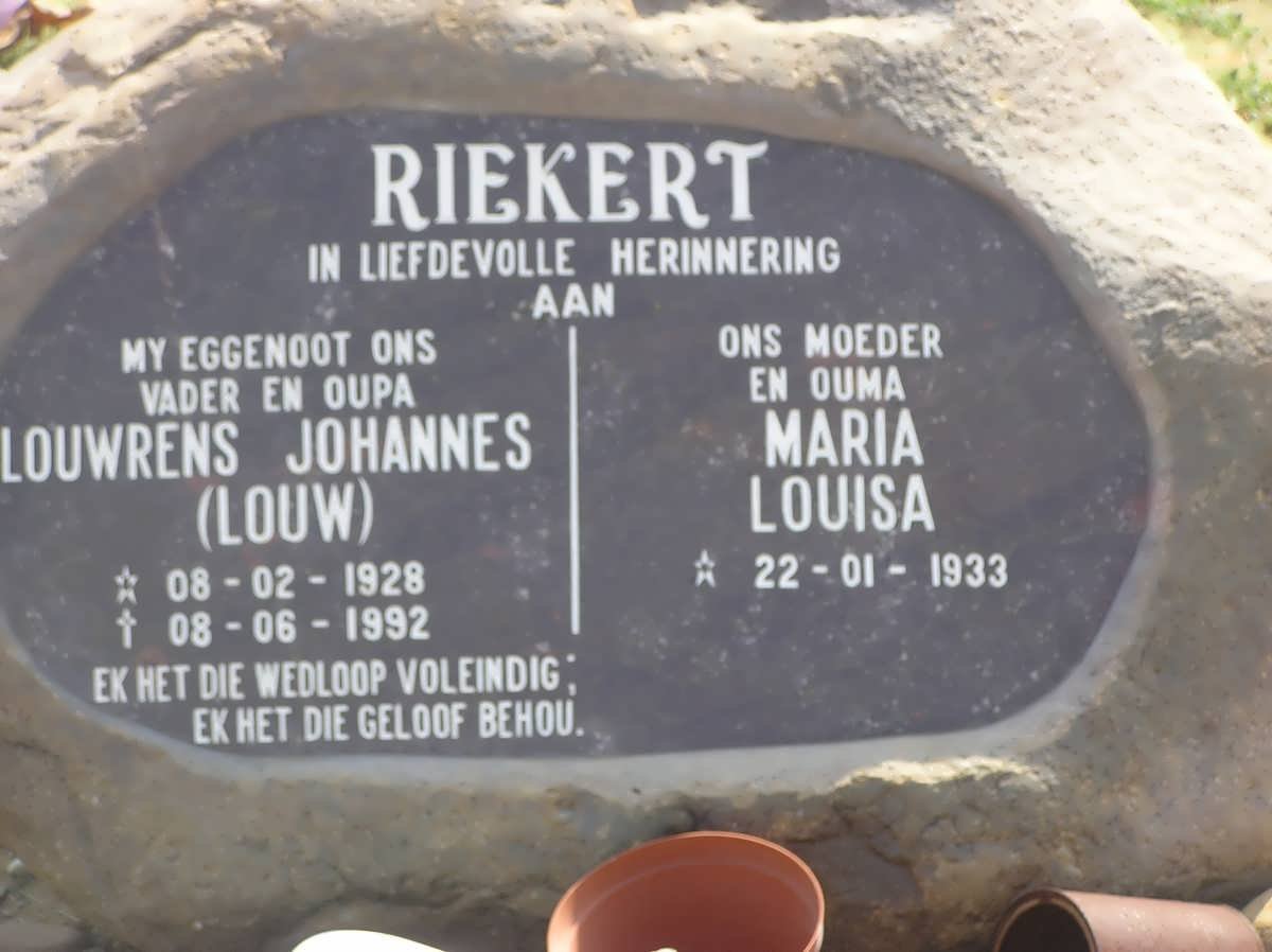 RIEKERT Louwrens Johannes 1928-1992 &amp; Maria Louisa 1933-