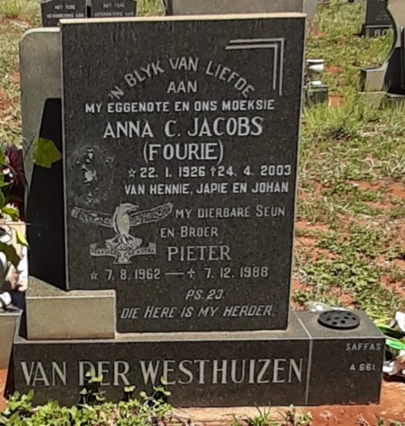 WESTHUIZEN Pieter, van der 1962-1988 :: JACOBS Anna C. nee FOURIE 1926-2003