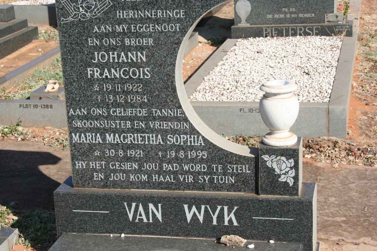 WYK Johann Francois, van 1922-1984 &amp; Maria Magrietha Sophia 1921-1995