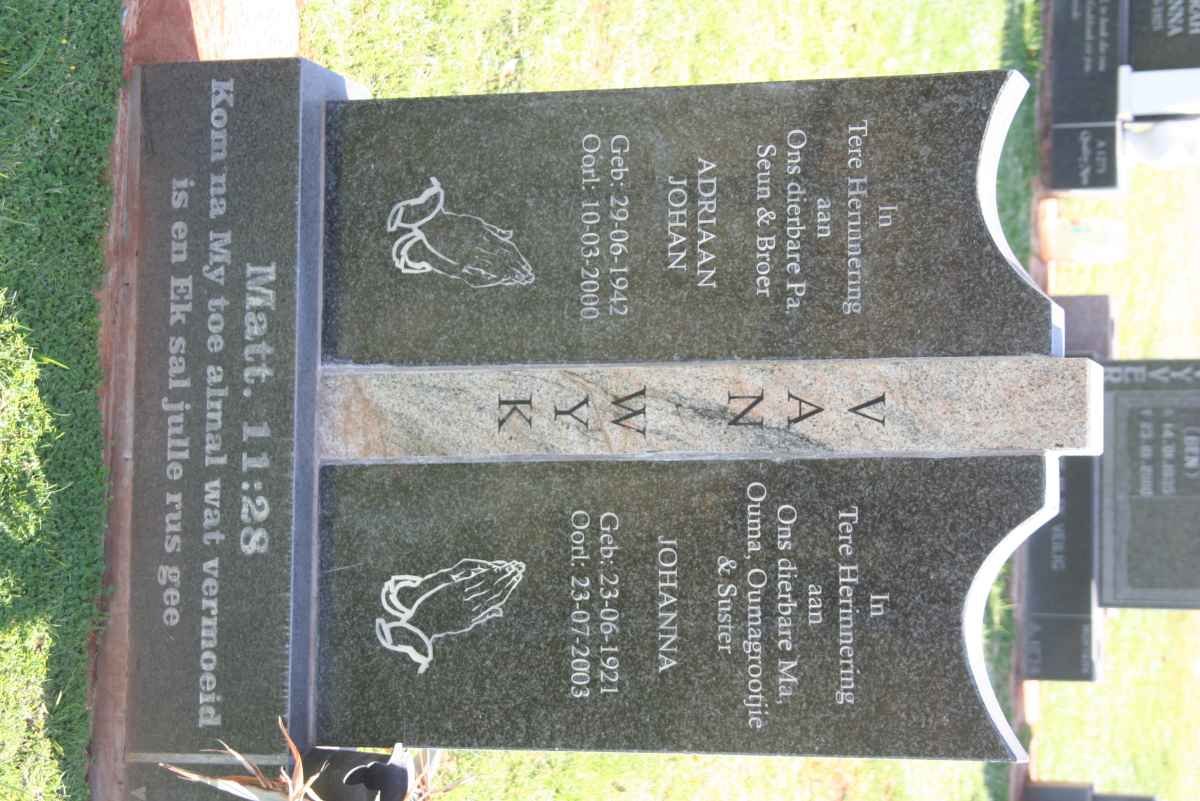 WYK Adriaan Johan, van 1942-2000 :: Johanna VAN WYK 1921-2003