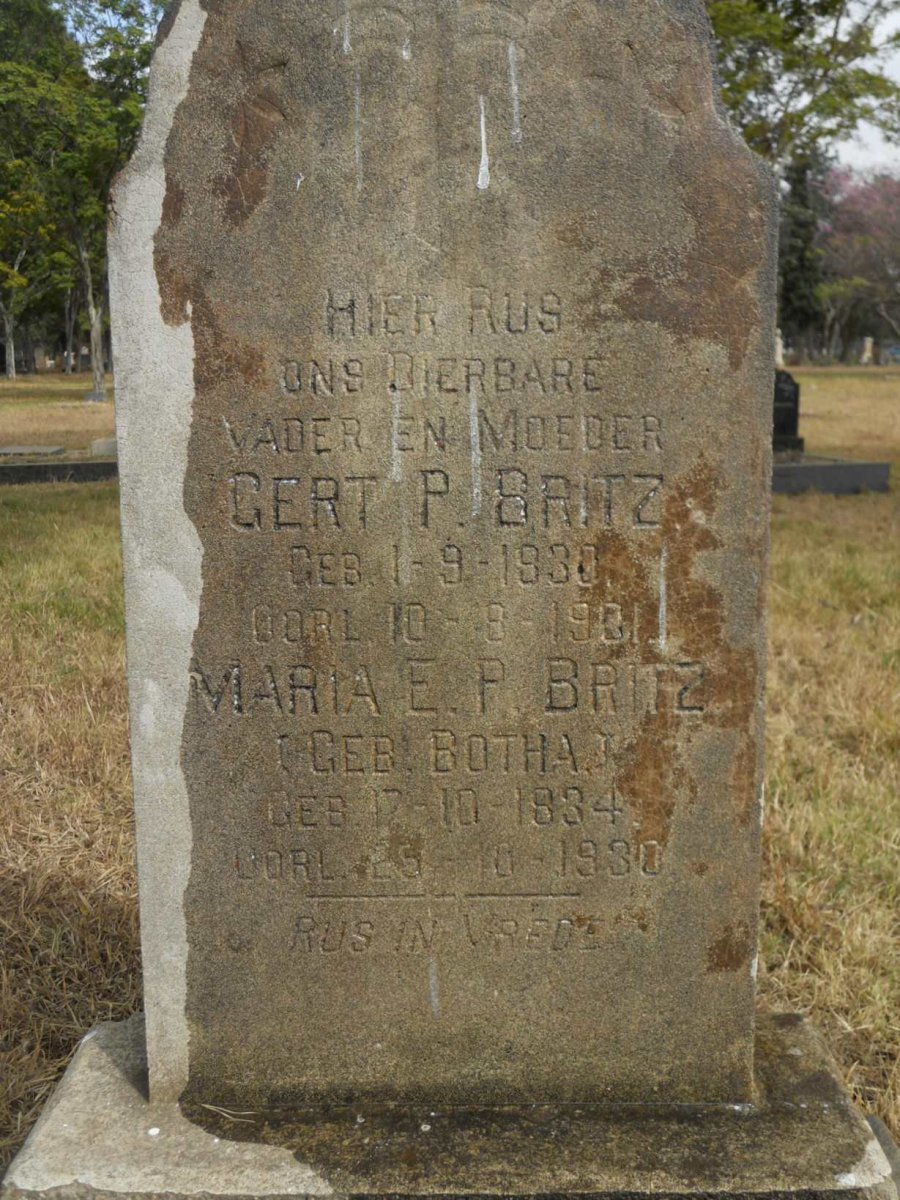 BRITZ Gert P. 1830-1901 &amp; Maria E.P. BOTHA 1834-1930