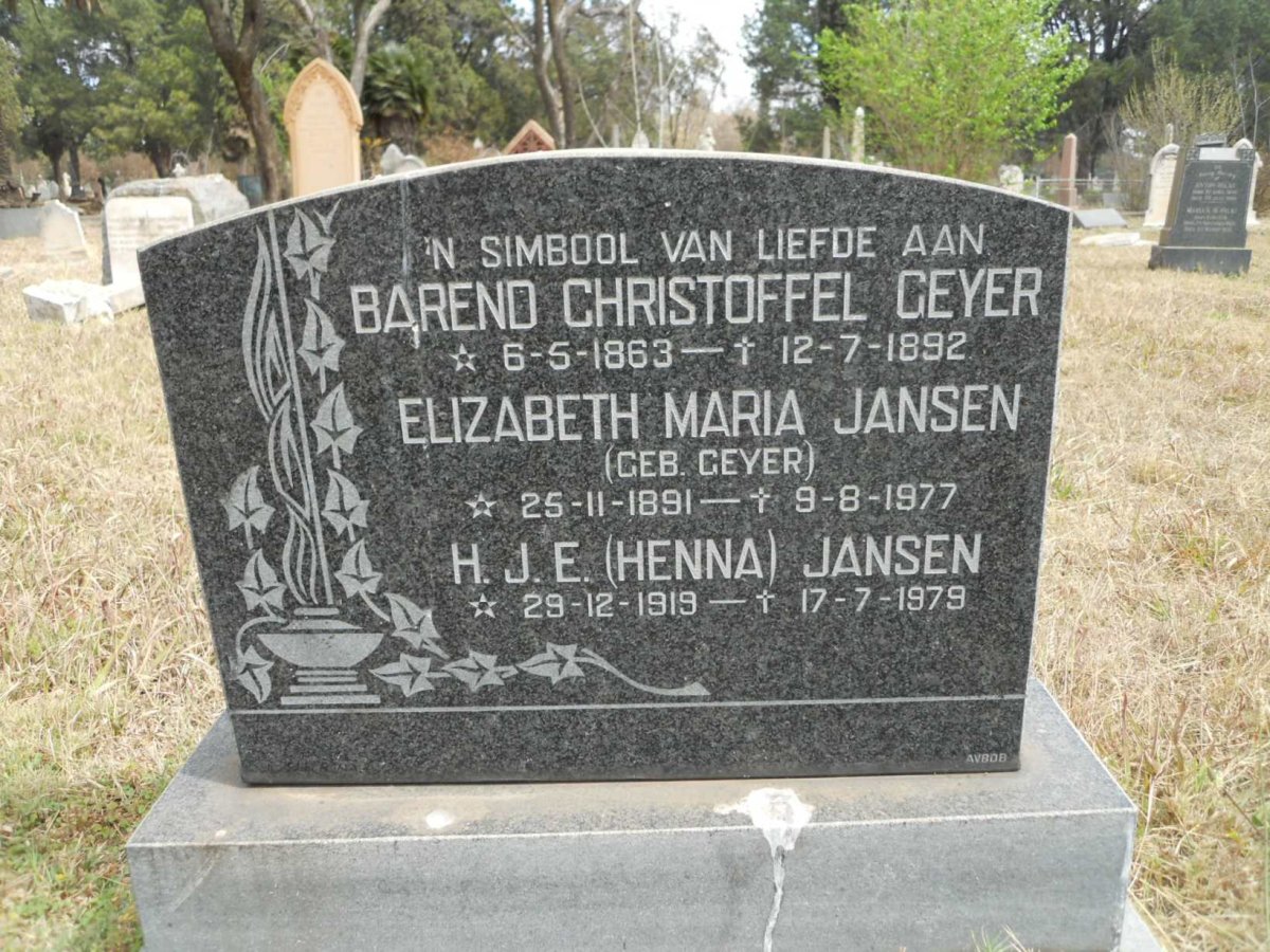 GEYER Barend Christoffel 1863-1892 :: JANSEN Elizabeth Maria nee GEYER 1891-1977 :: JANSEN H.J.E. 1919-1979
