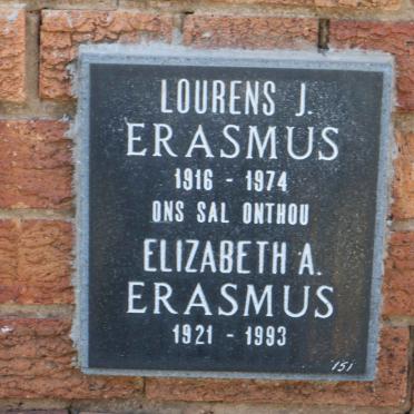 ERASMUS Lourens J. 1916-1974 &amp; Elizabeth A. 1921-1993