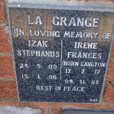 GRANGE Izak Stephanus, la 1909-1986 &amp; Irene Frances LANGTON 1917-2005