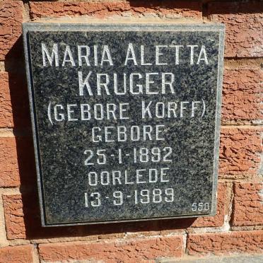 KRUGER Maria Aletta nee KORFF 1892-1989