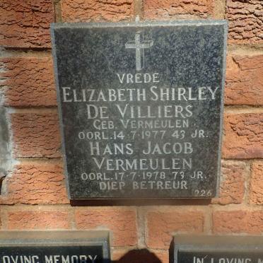VERMEULEN Hans Jacob -1978 :: DE VILLIERS Elizabeth Shirley nee VERMEULEN -1977