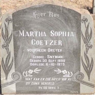 COETZER Martha Sophia voorheen DREYER nee SNYMAN 1898-1975