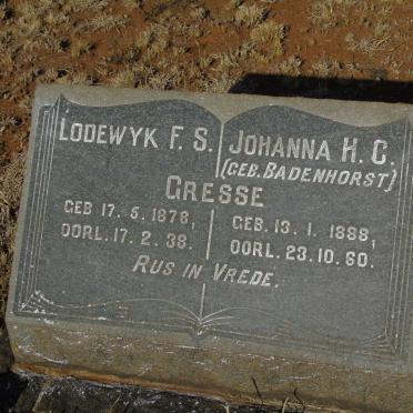 GRESSE Lodewyk F.S. 1878-1938 & Johanna H.C. BADENHORST 1888-1960