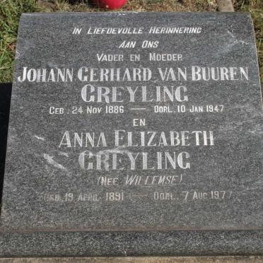 GREYLING Johann Gerhard van Buuren 1886-1947 & Anna Elizabeth WILLEMSE 1891-1977