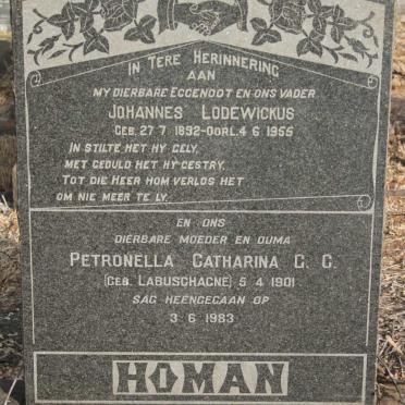 HOMAN Johannes Lodewickus 1892-1955 & Petronrella Catharina G.G. LABUSCHAGNE 1901-1983
