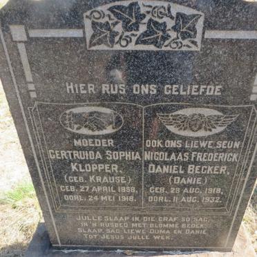 KLOPPER Gertruida Sophia nee KRAUSE 1858-1918 :: BECKER Nicolaas Frederick Daniel 1918-1932