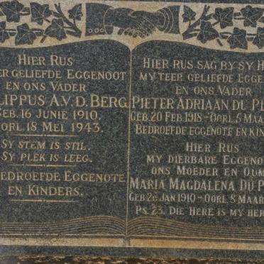 PLOOY Pieter Adriaan, du 1918-1966 &amp; Maria Magdalena DU PREEZ 1910-1974 :: BERG Phillippus A., v.d. 1910-1943