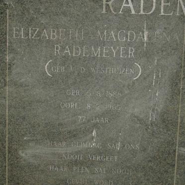 RADEMEYER Elizabeth Magdalena nee V.D. WESTHUIZEN 1888-1965